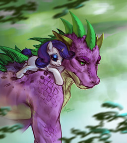 blue_eyes duo female green_eyes happy horn male male/female purple_body size_difference smile white_body cosmokokshwa friendship_is_magic hasbro my_little_pony mythology rarity_(mlp) spike_(mlp) dragon equid equine horse mammal mythological_creature mythological_equine mythological_scalie pony scalie unicorn signature
