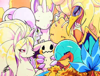 ambiguous_gender antennae_(anatomy) anthro beak blonde_hair blue_eyes blush blush_lines claws eyelashes eyes_closed feral fire flaming_hair flaming_mane fur green_eyes group hair holding_another horn looking_at_viewer multicolored_body narrowed_eyes open_mouth pink_eyes pseudo_hair pseudo_mane pupils purple_body red_body red_eyes simple_background size_difference tail white_pupils yellow_body yellow_feather_hair yellow_fur 025aki mythology nintendo pokemon archeops avian bird canid canine dragon dragonite equid equine fossil_pokemon generation_1_pokemon generation_2_pokemon generation_5_pokemon generation_6_pokemon generation_7_pokemon goodra ho-oh legendary_pokemon mammal mimikyu mythological_creature mythological_equine mythological_scalie ninetales pokemon_(species) rapidash scalie unicorn 2026 absurd_res dated hi_res signature