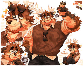 5_fingers antlers band-aid band-aid_on_face band-aid_on_nose bandage bandage_on_face bandage_on_nose biped black_pawpads brown_body brown_fur brown_nose claws clothed clothing eyewear eyewear_on_head fingers fur horn humanoid_hands male multicolored_body multicolored_fur pawpads solo sunglasses sunglasses_on_head sweater tan_body tan_fur topwear two_tone_body two_tone_fur fungiteh deer mammal 2024 absurd_res colored hi_res multiple_scenes signature