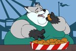 amusement_park amusement_ride anthro artist_logo belly big_belly black_body black_fur calorie canid canine chubby_cheeks claws clothed clothing cookie double_chin eating fat_arms ferris_wheel food fox fried_food fur grey_body grey_fur hi_res holding_food holding_object logo male mammal moobs morbidly_obese morbidly_obese_anthro morbidly_obese_male obese obese_anthro obese_male open_mouth oreo_cookie outside overweight overweight_anthro overweight_male pennant reaching red_fox silver_fox sitting solo stuffing teeth tongue true_fox weight_gain