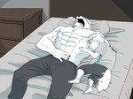 abs age_difference anthro bed clothing fur furniture group hair male muscular muscular_anthro muscular_male pecs size_difference teeth white_body white_fur young kurumiken paul_(kurumiken) bear canid canine canis mammal wolf 2020 hi_res