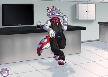 clothing container crossed_legs cutlery eating electronics experimental food jar jelly_(food) kitchen_utensils laboratory leaning male monitor spoon suit tools hyperchibiabsol canid canine mammal absurd_res hi_res