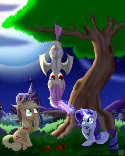 apple barn bat_wings blonde_hair blue_eyes brush clothing cloud cowboy_hat cutie_mark female feral food fruit glowing grass green_eyes group hair hat headgear headwear horn magic membrane_(anatomy) membranous_wings moon night outside plant purple_hair red_eyes sky sparkles star tree upside_down wings swanlullaby friendship_is_magic hasbro my_little_pony mythology applejack_(mlp) flutterbat_(mlp) fluttershy_(mlp) rarity_(mlp) bat_pony earth_pony equid equine horse hybrid mammal mythological_creature mythological_equine pony unicorn vampire 2014 4:5
