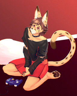 anthro bottomwear brow_hair clothing collar controller femboy game_controller gamecube_controller long_ears looking_at_viewer male nintendo_controller paws red_eyes skirt solo glazedvc gamecube nintendo felid feline mammal serval hi_res