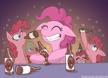 alcohol beer beverage blue_eyes bottle container drunk eyes_closed female feral fur grin group hair holding_bottle holding_container holding_object lamp_shade pink_body pink_fur pink_hair smile substance_intoxication dana_simpson friendship_is_magic hasbro my_little_pony pinkie_pie_(mlp) earth_pony equid equine horse mammal pony 2012