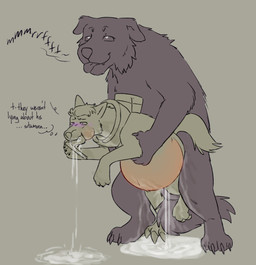 3_toes balls bodily_fluids cum cum_from_mouth cum_in_mouth cum_inflation cum_inside cum_through duo ejaculation eye_roll feet feral genital_fluids genitals hair holding_another inflation looking_pleasured male male/male male_penetrated male_penetrating mandibles penetration penile sex size_difference smile tail toes tongue tongue_out puppyratcat alien canid canine canis felid feline hybrid mammal vortihound xog hi_res