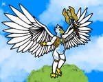 anthro armor axe beak biped blue_body blue_clothing blue_feathers blue_sky bottomless breasts chainmail chi_(legends_of_chima) claws clothed clothed_anthro clothed_female clothing cloud crown crystal feather_pattern feathers female female_anthro gold_(metal) gold_armor gold_tiara gold_weapon grass headgear holding_axe holding_object holding_weapon knee_pads looking_back melee_weapon muscular muscular_arms navel non-mammal_breasts on_one_leg outie_navel plant pregnant pregnant_female royalty sky sky_background skyscape solo spread_wings standing tiara topwear topwear_only unconvincing_armor weapon white-feathers wings yellow_beak yellow_claws yellow_eyes haribunawa legends_of_chima lego eris_(legends_of_chima) accipitrid accipitriform avian bird eagle 2022 colored