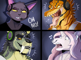 anthro big_fangs clothed clothing facial_piercing fangs female female_anthro fur green_body green_fur grey_body grey_fur hair head_tuft horn male male_anthro nose_piercing nose_ring open_mouth orange_body orange_scales piercing pink_hair pink_tongue ring_piercing scales septum_piercing septum_ring simple_background solo teeth tongue tongue_out tuft white_body white_horn swampjaws mythology swamp_jaws_(imperatorcaesar) equid equine felid mammal mythological_creature mythological_equine scalie unicorn 4:3 bust_portrait hi_res multiple_images portrait