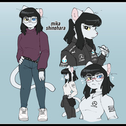 anthro belt black_bars black_hair blue_bottomwear blue_clothing blue_eyes blue_jeans blue_pants blue_sclera blush bodily_fluids bottomwear breasts clothed clothed_anthro clothed_female clothing denim denim_bottomwear denim_clothing emanata eyebrows eyewear female female_anthro fingers footwear front_view glasses grey_bottomwear grey_clothing grey_topwear hair hand_on_hip heterochromia holding_eyewear holding_glasses holding_object jeans mouth_closed pants racing_suit round_glasses shoelaces shoes simple_background solo sweat sweater tail thin_eyebrows topwear wearing_glasses white_clothing white_ears white_footwear white_shoes white_tail white_topwear yellow_sclera conditional_dnp sonokido formula_1 mercedes-benz mercedes-benz_group sonoracers mika_shinohara domestic_cat felid feline felis khao_manee mammal 2022 digital_media_(artwork) english_description full-length_portrait hi_res letterbox portrait