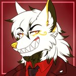 anthro beard clothed clothing facial_hair fur glowing glowing_eyes looking_at_viewer male markings necktie open_mouth simple_background smile solo teeth teeth_showing topwear tigerinspace goldomond canid canine canis mammal wolf 1:1 digital_media_(artwork) hi_res watermark