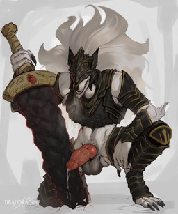 4_toes animal_genitalia animal_penis anthro armor armpit_hair athletic balls biped black_armor bodily_fluids body_hair breastplate breath canine_genitalia canine_penis darkened_balls darkened_genitalia digitigrade erection feet fur genital_fluids genitals hair headgear helmet holding_melee_weapon holding_object holding_sword holding_weapon knot male male_anthro melee_weapon penis precum solo spaulder sword toes weapon white_body white_fur white_hair deaddragonp elden_ring fromsoftware maliketh_(elden_ring) canid canine canis mammal wolf 2022 5:6 absurd_res digital_media_(artwork) hi_res