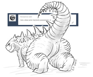 animal_genitalia anthro anthrofied anus butt chibi genital_slit genitals male simple_background smile solo spikes tail text white_background x_anus vipery-07 godzilla_(series) monsterverse toho godzilla humanoid kaiju english_text