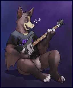 4_toes 5_fingers anthro bass_guitar biped blue_border body_hair border briefs brown_body brown_fur bulge clothing fangs feet fingers fur guitar happy_trail male musical_instrument open_mouth playing_guitar playing_music plucked_string_instrument shirt singing sitting solo string_instrument t-shirt teeth toes topwear underwear white_body white_fur glitter_trap_boy bat mammal absurd_res hi_res