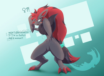 3_fingers 3_toes after_transformation anthro black_body black_fur black_hair claws confusion dialogue digitigrade feet female finger_claws fingers forced forced_transformation fur fur_tuft gender_transformation green_eyes grey_body grey_fur hair interrobang jewelry loss_of_speech mtf_transformation multicolored_hair necklace open_mouth pokemon_speak pokemon_transformation red_claws red_hair sharp_teeth solo species_transformation teeth text thick_thighs toe_claws toes transformation translation_within_image translucent_text tuft verbal_reaction_to_tf dexterthederg nintendo pokemon canid generation_5_pokemon mammal pokemon_(species) zoroark english_text hi_res shaded watermark