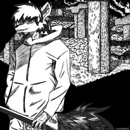 anthro creek forest kevin(lackydayz) male plant sky solo tree wood lackydayz microsoft minecraft mojang xbox_game_studios fan_character canid canine fox mammal 1:1 absurd_res hi_res