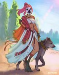 ambiguous_gender anthro beak clothed clothing collar costume day detailed_background duo female feral hair jewelry leash outside pink_hair pose carduelis inanna_(character) anatid anseriform avian bird canid canine duck hyena mammal shelduck hi_res