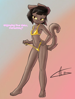 anthro bikini black_hair bob_cut breasts brown_body brown_fur clothed clothed_anthro clothed_female clothing female female_anthro fur gold_bikini gradient_background hair pose red_eyes simple_background small_breasts solo swimwear two-piece_swimsuit alhnsfw golden_week lackadaisy ivy_pepper felid feline mammal 2022 absurd_res hi_res signature