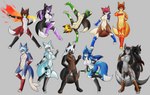 anthro black_hair blonde_hair blue_body blue_eyes blue_fur breasts brown_body brown_fur brown_hair dipstick_tail eyewear featureless_breasts featureless_crotch female fire fist fluffy fluffy_tail fur glasses gloves_(marking) green_eyes grey_body grey_eyes grey_fur group hair handstand horn leg_markings long_hair male markings melee_weapon multicolored_body multicolored_fur open_mouth orange_eyes pink_hair purple_hair raised_arm red_eyes ring_(marking) simple_background smile socks_(marking) standing sword tail tail_markings tan_tail_tip two_tone_body two_tone_fur weapon white_body white_fur white_hair white_tail_tip yellow_body yellow_eyes yellow_fur tetsushi beat_(tetsushi) dizzy_spinebreaker ismael_taiyin_jr. lilith_fumei lyndis_lhars nigel_fumei niju_fumei canid canine embereon fox mammal 2022 absurd_res digital_media_(artwork) hi_res sibling_(lore)