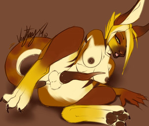 anal anal_masturbation anal_penetration animal_genitalia animal_penis anthro autopenetration balls biped blonde_hair breasts digitigrade erection feet fur genitals gynomorph hair intersex marsupial_penis masturbation nipples nude open_mouth paws penetration penis sheath solo tail tail_fetish tail_in_ass tail_in_own_ass tail_insertion tail_masturbation tail_play tapering_penis yellow_eyes vexstacy kangaroo macropod mammal marsupial 2014