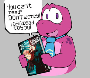 accessory anthro blue_necktie book breaking_the_fourth_wall holding_book holding_object looking_at_viewer male necktie solo talking_to_viewer text medeixeacorda gameoverse glitch_productions jujutsu_kaisen gobbles_(gameoverse) dinosaur prehistoric_species reptile saurischian scalie theropod tyrannosaurid tyrannosauroid english_text meme