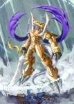 3_toes anthro armor cape claws clothed clothing destroyed detailed_background digitigrade fangs feet feral gold_(metal) gold_armor hair headgear helmet holding_object machine male melee_weapon open_mouth orange_eyes outside raining sharp_teeth sword teeth toe_claws toes weapon white_hair sinobali bandai_namco digimon canid canine cresgarurumon digimon_(species) mammal metalgarurumon robot 2017 digital_drawing_(artwork) digital_media_(artwork)