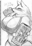 anthro beverage big_breasts blush bra breasts cleavage clothed clothing drinking female hair japanese kemono long_hair midriff navel panties soda solo sports_bra text thick_thighs underwear cocolog roko_(cocolog) canid canine canis mammal wolf 2015 hi_res monochrome sketch translated