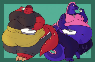 anthro barefoot belly big_belly big_breasts big_moobs biped black_clothing black_shirt black_topwear blue_body blue_countershading border breasts clothed clothed_anthro clothed_female clothed_male clothing collar countershade_scales countershade_torso countershading duo eating eating_food eating_pie feet female female_anthro food green_background green_border hair huge_belly huge_breasts huge_thighs male male_anthro moobs morbidly_obese morbidly_obese_anthro morbidly_obese_female navel obese obese_anthro obese_female obese_male overweight overweight_anthro overweight_female overweight_male pastry pie pink_clothing pink_hair pink_shirt pink_t-shirt pink_topwear purple_body purple_scales purple_tail red_body red_scales red_tail scales shirt simple_background t-shirt tail thick_tail thick_thighs topwear ventral_scales yellow_body yellow_countershading strawberrymilkdog mythology aquatic dragon eel fish mythological_creature mythological_scalie scalie 2023 hi_res