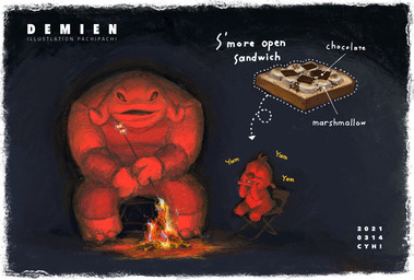 3_toes antennae_(anatomy) armband border bread campfire candy chair chocolate clothed clothing dessert duo eyes_closed feet fire food furniture male marshmallow open_mouth s'more simple_background sitting size_difference text toes uniform white_border pachipachico disney lilo_and_stitch gantu reuben_(lilo_and_stitch) alien experiment_(lilo_and_stitch) 2021 english_text hi_res