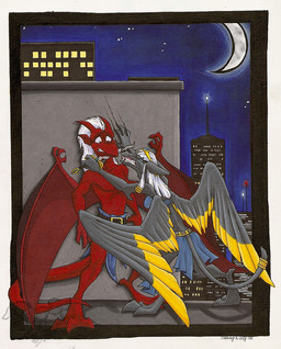 anthro building dagger detailed_background duo feathered_wings feathers featureless_chest female hair horn male melee_weapon membrane_(anatomy) membranous_wings moon night pointy_ears star tail toony weapon wings worried stangwolf disney gargoyles brooklyn_(gargoyles) fan_character anubian_jackal canid canine canis gargoyle jackal mammal scalie detailed traditional_media_(artwork)