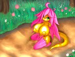 anthro big_breasts breasts female flower forest forest_background fur gold_scales hair huge_breasts kneeling kneeling_on_ground nature nature_background pink_body pink_fur pink_hair plant solo text tree alenicia_(artist) mythology alenicia_(character) dragon eastern_dragon mythological_creature mythological_scalie scalie 4:3 absurd_res english_text hi_res