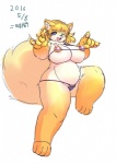 anthro big_breasts bra breasts clothed clothing female huge_breasts one_eye_closed panties simple_background skimpy slightly_chubby solo text thick_thighs tiny_panties underwear white_background wink ni_jikan canid canine fox mammal japanese_text signature