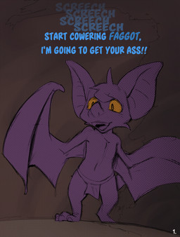 ambiguous_gender anthro big_ears blue_text bottomwear clothed clothing homophobic_slur loincloth onomatopoeia partially_clothed purple_body simple_background slur sound_effects text wings yellow_eyes conditional_dnp dacad zipper_(dacad) bat mammal hi_res