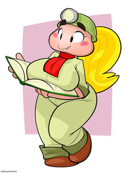 anthro armor big_breasts blonde_hair book bottomwear breasts brown_clothing brown_eyebrows brown_footwear brown_shoes clothing eyebrows eyelashes female footwear green_outfit hair headgear helmet holding_book holding_object huge_breasts lamp lantern pants pink_body pink_skin ponytail red_cheeks red_scarf scarf shirt shoes smile snaggle_tooth solo topwear ducky_(artist) mario_bros nintendo paper_mario goombella goomba 2023 cel_shading colored digital_drawing_(artwork) digital_media_(artwork) full-length_portrait hi_res portrait shaded