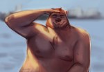 anthro belly eyes_closed facial_piercing humanoid_hands male moobs nipples nose_piercing nose_ring overweight overweight_male piercing ring_piercing solo rovindeer gabriel_(rovindeer) bear mammal 2021 hi_res