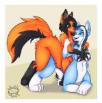 blue_body blue_eyes blue_fur border breasts collar duo ear_piercing eyewear female fur glasses nipple_piercing nipples open_mouth orange_body orange_fur piercing simple_background smile text white_border fallenfolf luna_skady xeila canid canine mammal marine taur english_text signature