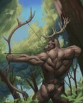 anthro antlers arrow_(weapon) back_muscles bottomwear bow_(weapon) butt clothing day deltoids forest horn loincloth male muscular muscular_male plant ranged_weapon shrub sky solo tree triceps weapon buckovskiart deer mammal artist_name hi_res