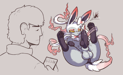 bodily_fluids electronics erection feral genital_fluids glowing glowing_eyes knot legs_up lying male male/male nipples on_back phone precum presenting botanics nintendo pokemon eeveelution generation_6_pokemon generation_8_pokemon hisuian_form hisuian_zorua human hybrid mammal pokemon_(species) regional_form_(pokemon) sylveon