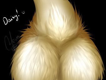anthro butt butt_focus butt_shot close-up female fluffy fluffy_tail fur nude raised_tail solo tail text thick_tail yellow_body yellow_fur monstercheetah sergal 2015 digital_media_(artwork) english_text signature