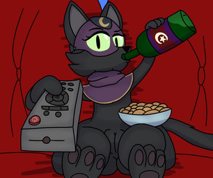 alcohol beer beer_bottle beverage black_body black_fur black_nose blue_mask bottle bowl container controller crescent_(shape) drinking_beer female feral fur furniture genitals green_sclera holding_controller holding_object holding_remote_control kerchief multicolored_mask on_sofa pawpads purple_kerchief purple_mask purple_scarf remote_control scarf sitting sitting_on_sofa sofa solo thick_thighs vulva dr_sketch02 sipping_beer_on_a_couch_stock_image moonshine_(miso_souperstar) domestic_cat felid feline felis mammal 2024 hi_res