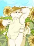 anthro blush clothing flower hat headgear headwear humanoid_hands male moobs nipples outside plant slightly_chubby solo straw_hat sunflower awa_awa canid canine canis domestic_dog mammal 2019 3:4 hi_res