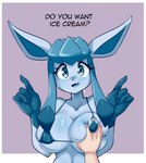 ambiguous_gender anthro big_breasts bikini blue_bikini blue_body blue_clothing blue_eyes blue_swimwear blush bodily_fluids breast_grab breast_squeeze breasts clothing cute_fangs dialogue duo eeveelution english_text eyelashes female first_person_view generation_4_pokemon glaceon hand_on_breast hi_res huge_breasts human human_on_anthro interspecies looking_at_viewer lucyfercomic mammal micro_bikini navel nintendo offscreen_character open_mouth pokemon pokemon_(species) simple_background solo_focus squeezing sweat swimwear text