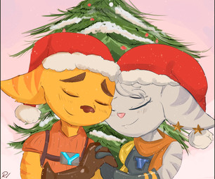 blue_eyes christmas_clothing christmas_headwear christmas_tree clothing cybernetic_arm cybernetic_limb duo ear_piercing female fur gloves handwear hat headgear headwear holidays male male/female nuzzling piercing plant romantic romantic_ambiance romantic_couple santa_hat scarf snow star sunset tree white_body white_fur yellow_body yellow_fur revov_drawings christmas ratchet_and_clank sony_corporation sony_interactive_entertainment ratchet_(ratchet_and_clank) rivet_(ratchet_and_clank) lombax mammal animated