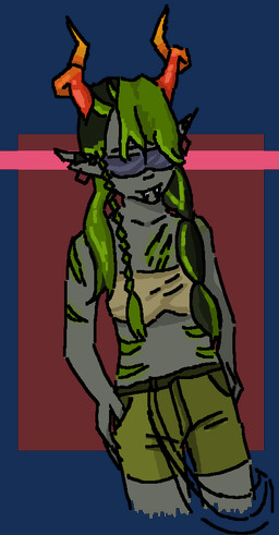 bandeau black_hair blindfold bottomwear braided_hair breasts clothed clothing curled_horn ear_piercing ear_ring fangs female green_bottomwear green_clothing green_hair green_scar green_shorts grey_body grey_skin hair horn humanoid_pointy_ears multicolored_hair notched_ear orange_horn piercing pointy_ears ring_piercing scar shorts solo standing teeth topwear two_tone_hair capegloam homestuck ms_paint_adventures fan_character alien humanoid troll_(homestuck) 2020 aliasing alpha_channel cel_shading digital_drawing_(artwork) digital_media_(artwork) half-length_portrait magma_(artwork) portrait shaded