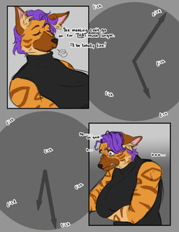 anthro biped clothing desperation dress eyeshadow female fur hair inner_ear_fluff inner_monologue makeup office_lady orange_body orange_fur purple_eyes purple_hair solo striped_body striped_fur stripes text thinking tuft kinkcapshroom 2026 comic digital_drawing_(artwork) digital_media_(artwork) english_text hi_res