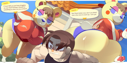 anthro big_breasts big_butt blue_bottomwear blue_clothing blue_eyes blue_nose blue_shorts border bottomwear breasts brown_eyes brown_hair butt clenched_teeth clothed clothing cotton_tail dialogue duo exercise eyelashes eyeshadow female fur gesture gloves_(marking) hair hand_gesture hand_on_hip head_tuft huge_breasts huge_butt leg_markings makeup male markings muscular muscular_male pawpads pink_eyeshadow push-up red_clothing red_topwear rosy_cheeks shorts sitting_on_another socks_(marking) teeth text text_box thick_thighs thumbs_up topwear tuft white_body white_border white_fur wide_hips yellow_body yellow_fur aerth animal_crossing nintendo tammy_(animal_crossing) bear human mammal absurd_res english_text hi_res