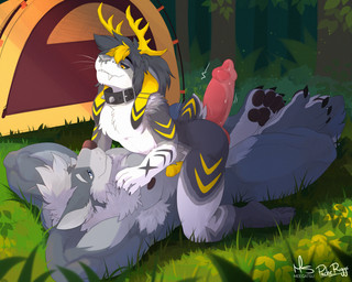 animal_genitalia animal_penis anthro antlers armpit_hair big_butt big_penis bodily_fluids body_hair butt camping canine_genitalia canine_penis claws collar duo erection eyes_closed forest fur genital_fluids genitals grass grey_body grey_fur hand_on_chest hands_behind_head horn huge_penis knot lying male male/male nipples nude pawpads paws penis penis_size_difference plant precum raised_arms sex spiked_collar spikes tent tree whiskers meegatsu pache_riggs momo_(mymyamoo) canid canine canis jackalope lagomorph mammal wolf 2022 5:4 hi_res signature