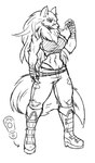 abs anthro bandage bandaged_arm boots bottomwear breasts claws clothing female footwear pants scar shirt shoes solo topwear rakkuguy velvela canid canine canis mammal wolf hi_res monochrome