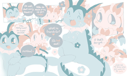 ambiguous_gender blush dialogue dorsal_ridge drinking drinking_straw duo ear_frill exclamation_point feral flower forked_tail frill_(anatomy) fur heart_symbol liquid_body lying neck_frill on_front on_ground pink_tail plant ribbons_(anatomy) simple_background sitting sparkles speech_bubble tail text unusual_anatomy unusual_tail white_background white_body white_fur conduitcore nintendo pokemon eeveelution generation_1_pokemon generation_6_pokemon pokemon_(species) sylveon vaporeon 2023 5:3 comic english_text hi_res
