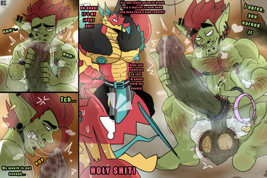 accessory anthro arm_hair armpit_hair aroused autofellatio balls big_balls big_muscles big_pecs big_penis bodily_fluids body_hair chest_hair chin_piercing cock_ring collar cross-popping_vein dialogue duo ear_piercing ear_ring erection eyebrows facial_piercing foreskin genital_fluids genital_raphe genitals green_body green_skin hair hairy_balls huge_balls huge_pecs huge_penis hyper hyper_genitalia hyper_penis imminent_sex jewelry leaking_precum leash leashed_collar leg_hair lip_piercing male masturbation muscular nipples nude oral oral_masturbation pecs penile penile_masturbation penis penis_accessory penis_jewelry piercing precum pubes pubes_on_face raphe_(anatomy) red_hair ring_piercing saggy_balls scrotal_raphe scrotum_flap shocked snakebite_piercing stray_pubes stubble sweat sweatdrop tears text throbbing throbbing_balls throbbing_penis tongue tongue_out vein veiny_penis bacon_sama mythology snoggle_broadshaft dragon eastern_dragon goblin humanoid mythological_creature mythological_scalie scalie comic english_text hi_res