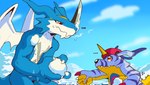 animal_skin anthro backwards_baseball_cap backwards_hat bandai_namco baseball_cap blue_body blue_fingers blue_tail claws clothing dahecksajerry digimon digimon_(species) duo exveemon finger_claws fur gabumon hat headgear headwear holding_snowball horn humor male muscular outside snow snowball snowball_fight striped_body striped_fur stripes tail white_claws